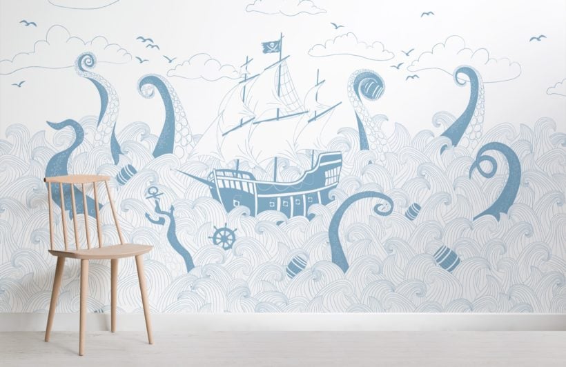 Blue and White Pirate Ship Wallpaper
