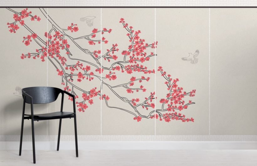 papier peint panneaux japonais avec fleurs rouges de cerisier
